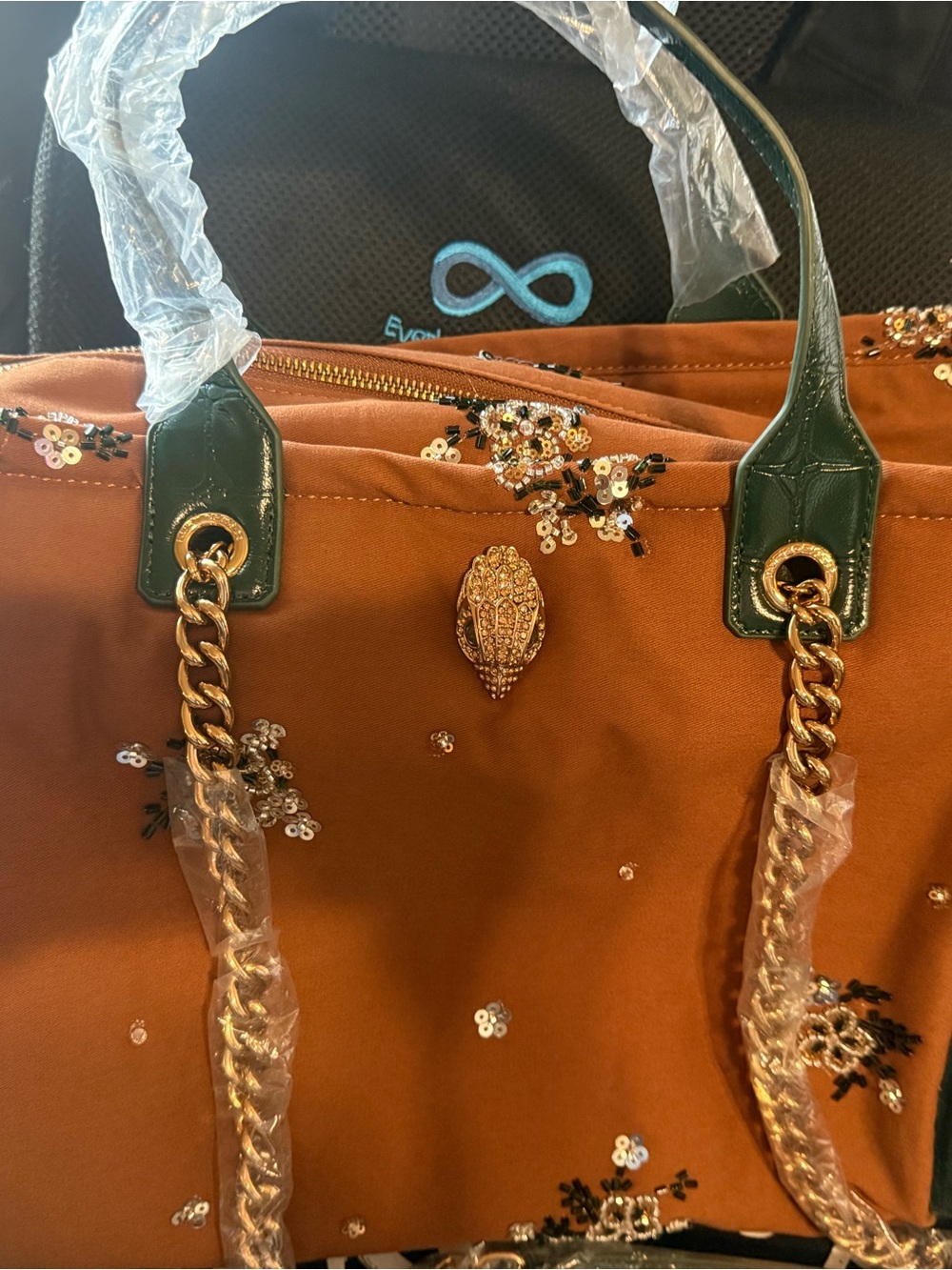 Kurt Geiger Hoxton Shopper Tote Brownwith Dark Green Trim and Gold Chain Handles - Picture 4 of 14
